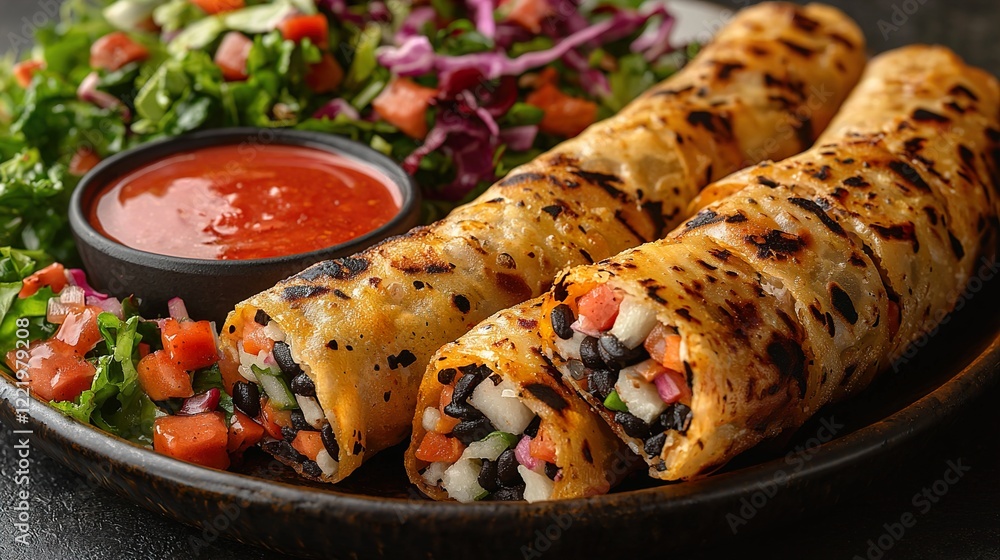 Delicious Chinese fried spring roll on a plate with a red dipping sauce and salad. Delicious Chinese fried spring roll on a plate with a red dipping sauce and salad.