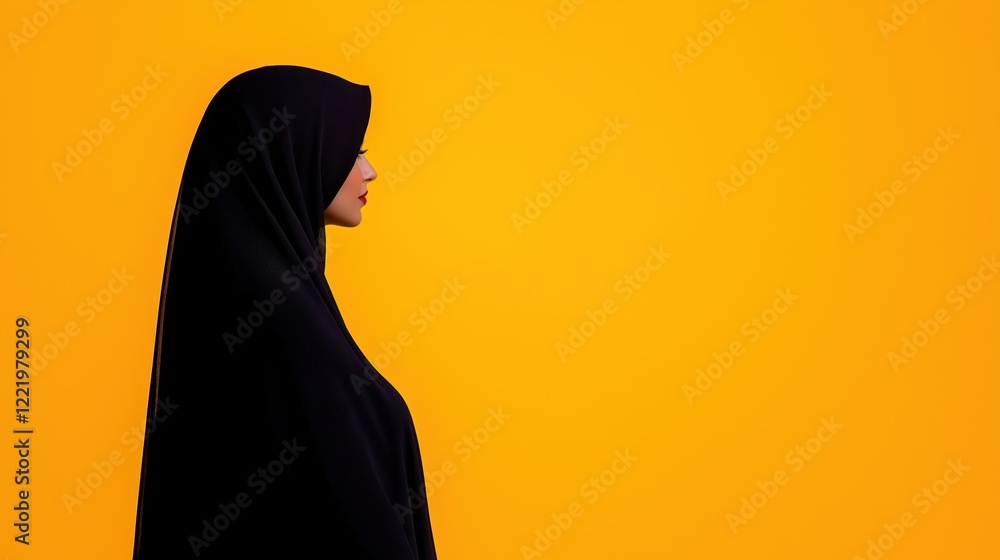 Profile of woman in hijab against vibrant yellow background Profile of woman in hijab against vibrant yellow background