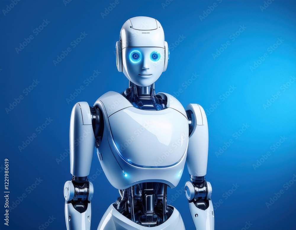 close up humanoid robot on isolated blue background close up humanoid robot on isolated blue background