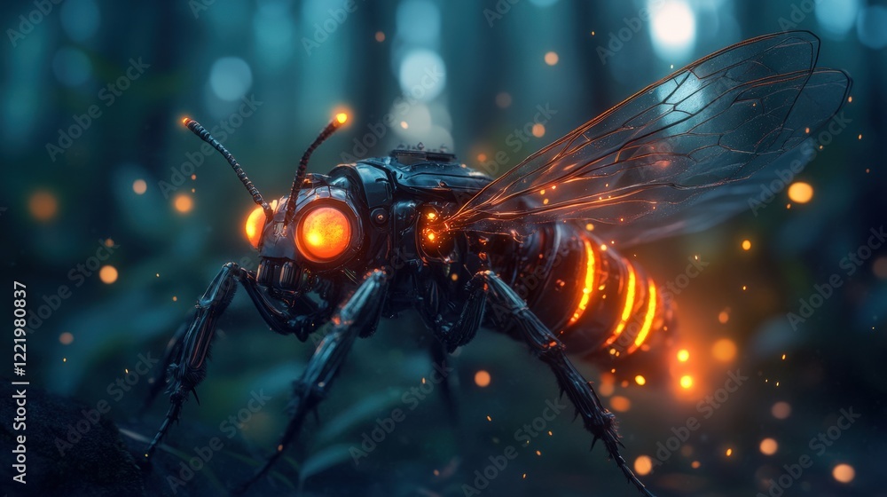 Fototapeta premium A robotic firefly with glowing energy cores, lighting up a dense futuristic forest at night