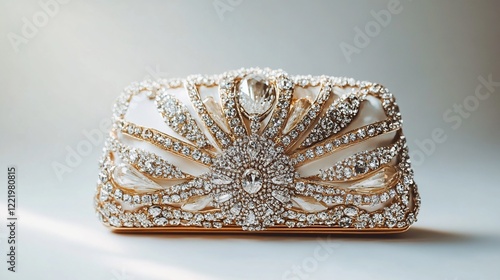 Elegant Close Up of an Ornate White and Gold Clutch Bag Encrusted with Rhinestones