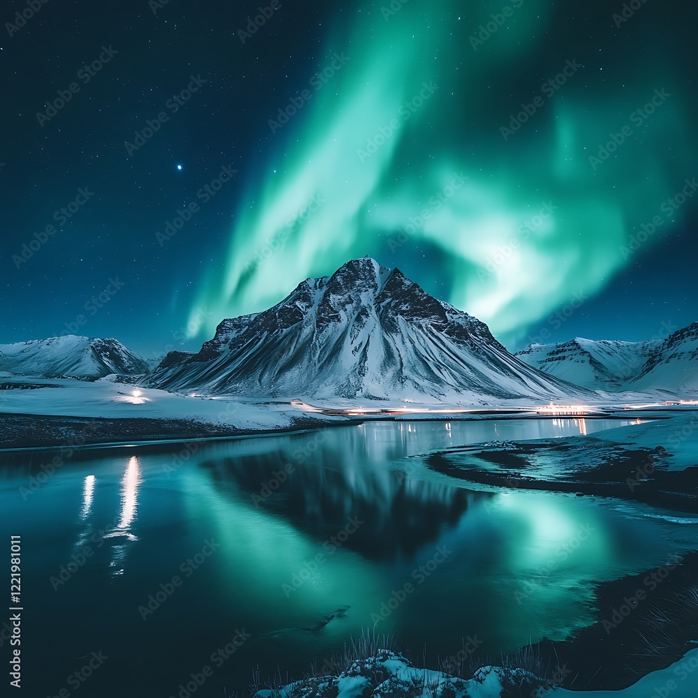 Aurora borealis, northern light over snowy mountains in winter Aurora borealis, northern light over snowy mountains in winter