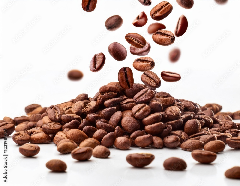 Falling coffee beans isolated on a solid white background Falling coffee beans isolated on a solid white background