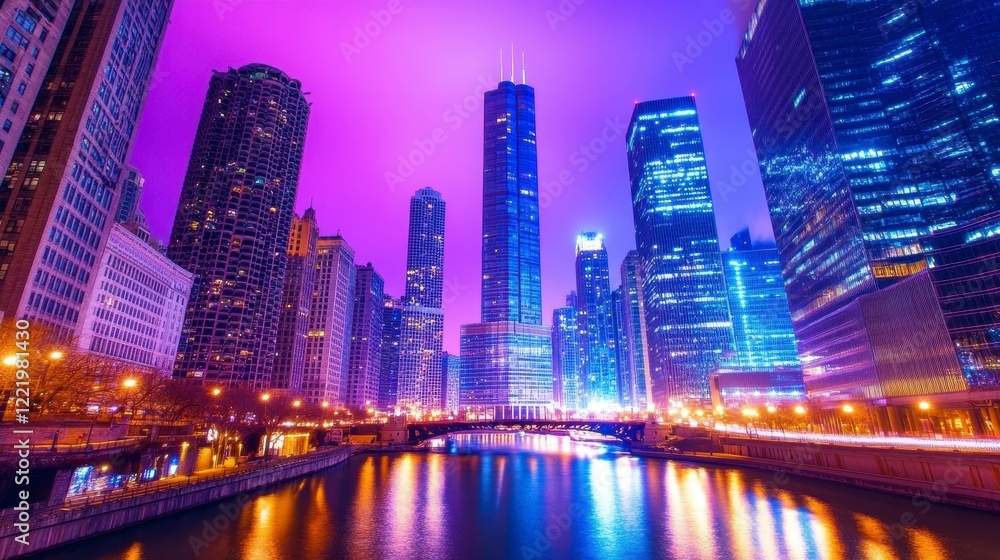 Obraz premium Vibrant Night Skyline of Chicago Illuminated by Colorful Lights