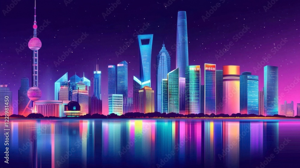 Fototapeta premium Vibrant City Skyline at Night with Colorful Neon Lights and Reflections