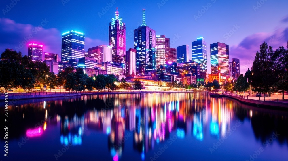 Vibrant City Skyline Reflection at Twilight over Calm Water Surface Vibrant City Skyline Reflection at Twilight over Calm Water Surface