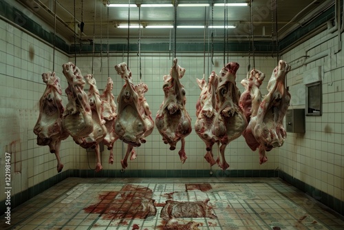 Hanging meats in a large meat food slaughterhouse architecture. photo