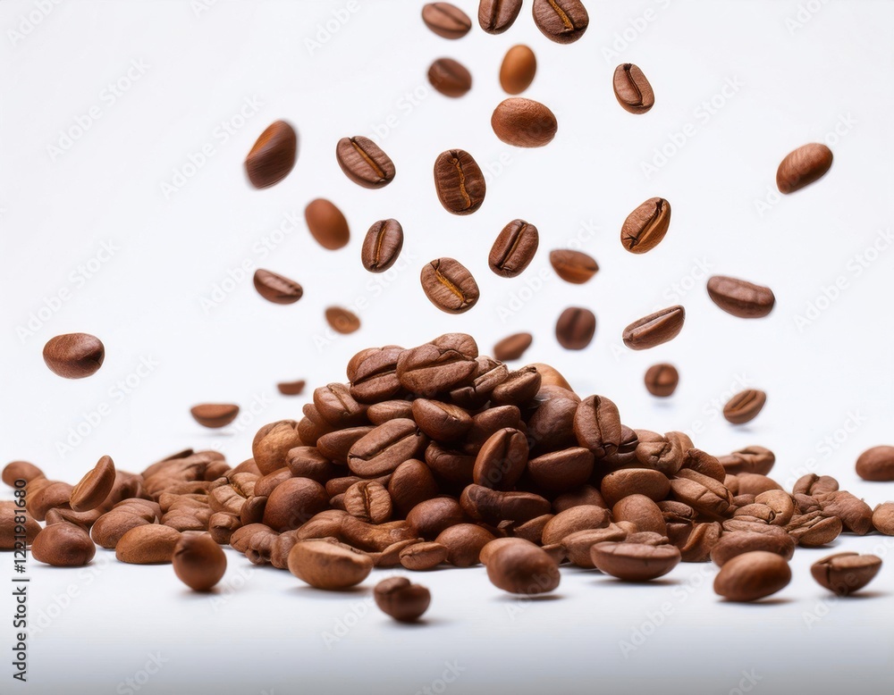Falling coffee beans isolated on a solid white background Falling coffee beans isolated on a solid white background