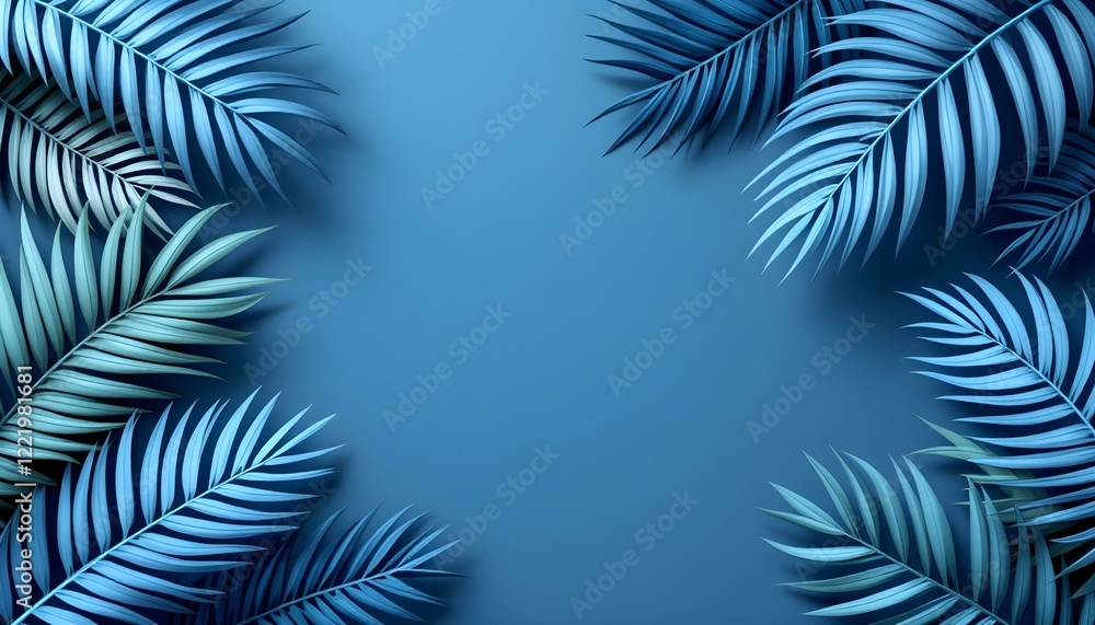 Fototapeta premium Blue tropical leaves framing the edges on a plain blue background, minimalist design with soft shadows and details.