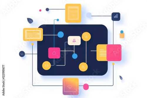 A colorful, abstract illustration depicting interconnected nodes and shapes, representing data flow and information exchange in a digital environment.