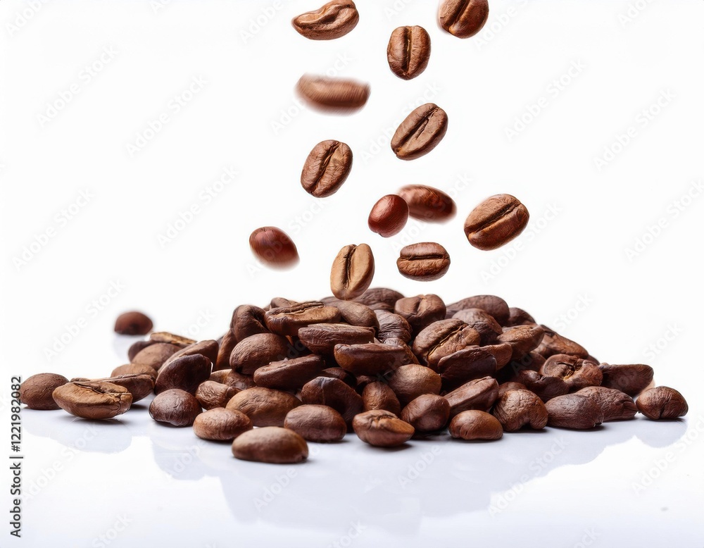Falling coffee beans isolated on a solid white background Falling coffee beans isolated on a solid white background