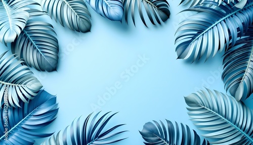 Wallpaper Mural Blue tropical leaves framing the edges on a plain blue background, minimalist design with soft shadows and details. Torontodigital.ca