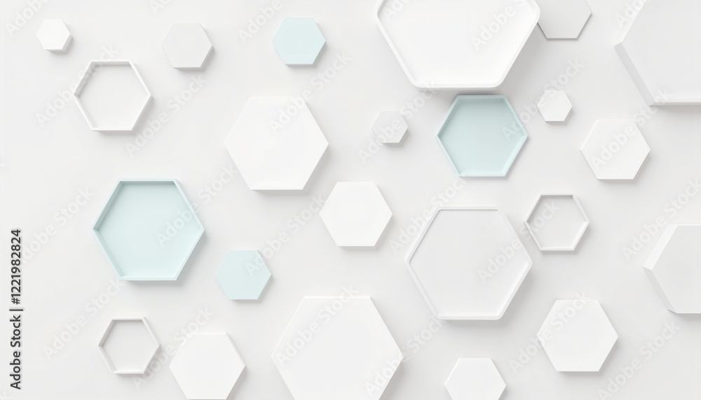 Fototapeta premium Abstract design featuring various hexagonal shapes in white and soft pastel tones on a minimalistic background for modern decor and artistic themes.