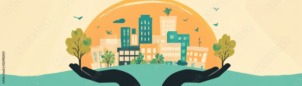 A stylized illustration of a cityscape held in hands, symbolizing care for the environment and urban sustainability, under a warm, glowing sun. A stylized illustration of a cityscape held in hands, symbolizing care for the environment and urban sustainability, under a warm, glowing sun.