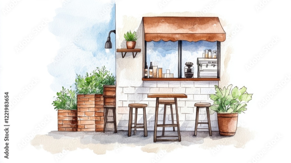 Obraz premium Charming Outdoor Coffee Stand with Cozy Seating and Plants