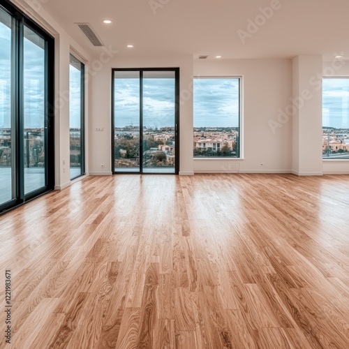 Modern Empty Apartment with Panoramic City View   Hardwood Floors