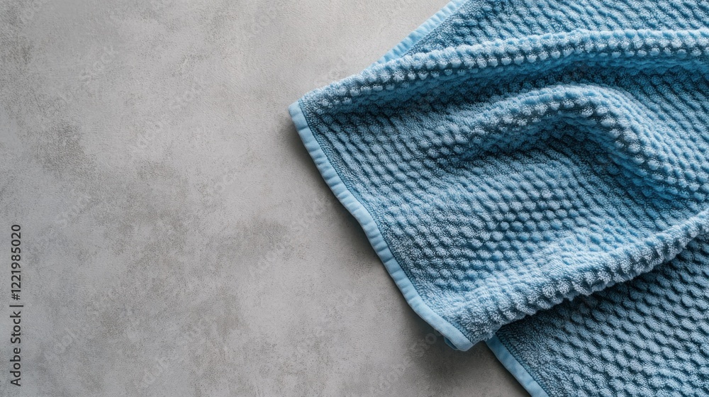 Blue towel on grey surface, soft texture, copy space