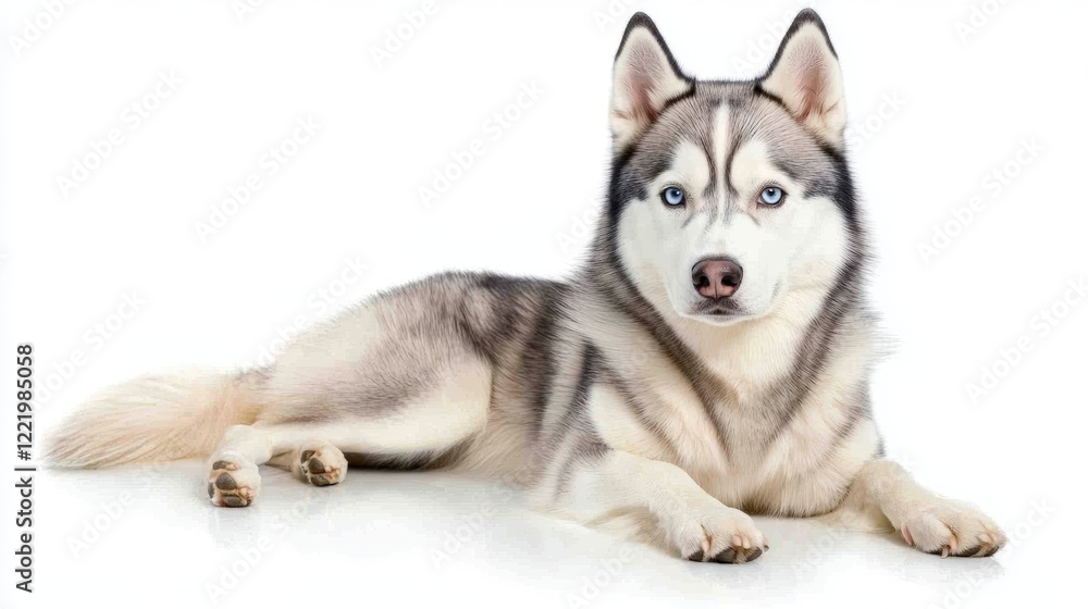 Fototapeta premium A Siberian husky with striking blue eyes, sitting confidently on a white floor, looking straight at the camera