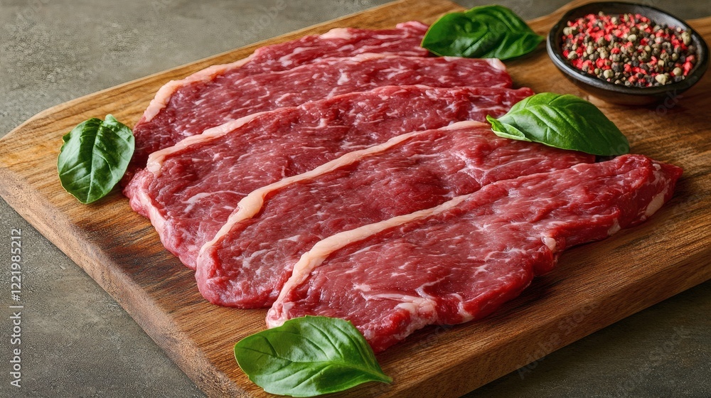 Raw Picanha Steaks on Wooden Cutting Board with Basil and Peppercorns Raw Picanha Steaks on Wooden Cutting Board with Basil and Peppercorns