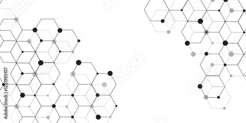 Molecular structure abstract tech background. Geometric white background. Vector banner design with hexagons. Science network pattern, connecting lines and dots Medical background, Vector illustration