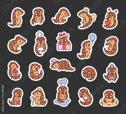 Funny pangolin scaly cartoon set showcasing delightful characters in various emotions and poses, ncluding smiling, from celebrating birthdays to enjoying donut and holding balloon.