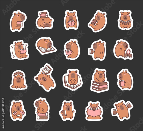 Capybara characters set with books, reading and learning in cute kawaii cartoon style for fun and relaxing activities with emotional and charming poses for yours design projects
