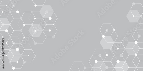Molecular structure abstract tech background. Geometric grey background. Vector banner design with hexagons. Science network pattern, connecting lines and dots Medical background, Vector illustration	