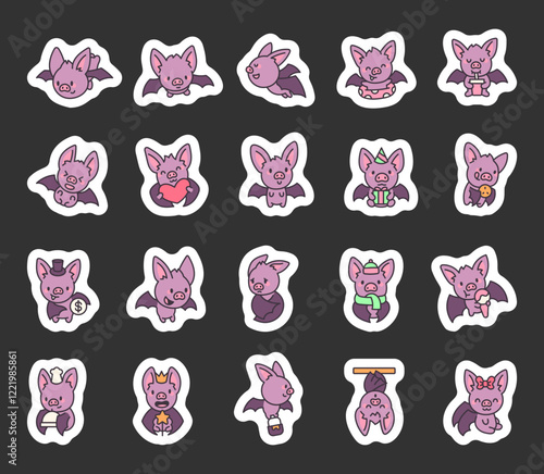 Adorable bat characters set with kawaii cartoon animals showing unique emotions and holding various accessories for celebrations, holidays, special moments, and everyday activities