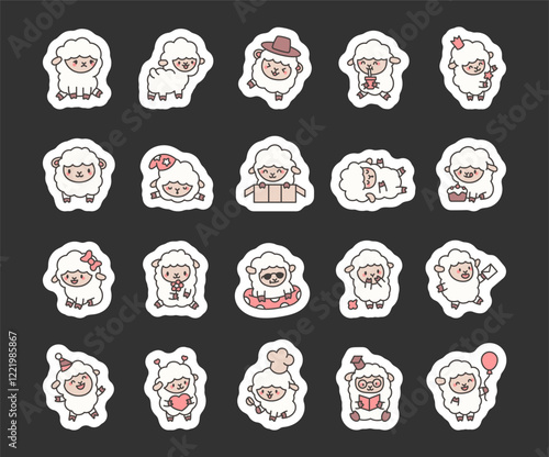Set of cute sheep cartoon characters with various accessories and poses, including hearts, cake, balloon and creative elements like fairy wand, chef hat, and party themes