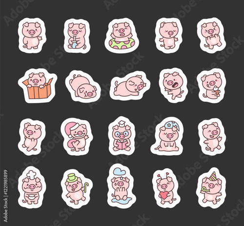 Cute kawaii pig cartoon character set with various emotions, joyful expressions, creative delightful poses, and animal themed designs for celebration and relaxation illustrations