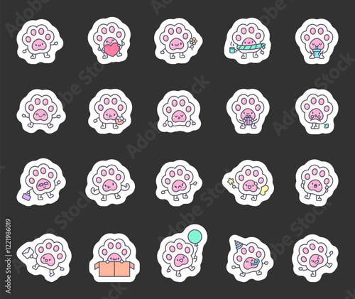 Squishy taba paw set of adorable kawaii cartoon animal characters showing emotions, playful actions, and creative themes with unique poses, gifts, and magical elements