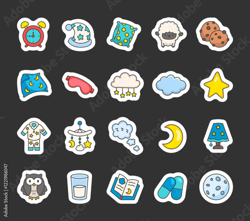 Bedtime sleep object set with cute illustrations of pillow, cloud, star, moon, pajamas, sheep, cookies, nightcap, mobiles, eye mask, blanket, and dreamy accessories for relaxation