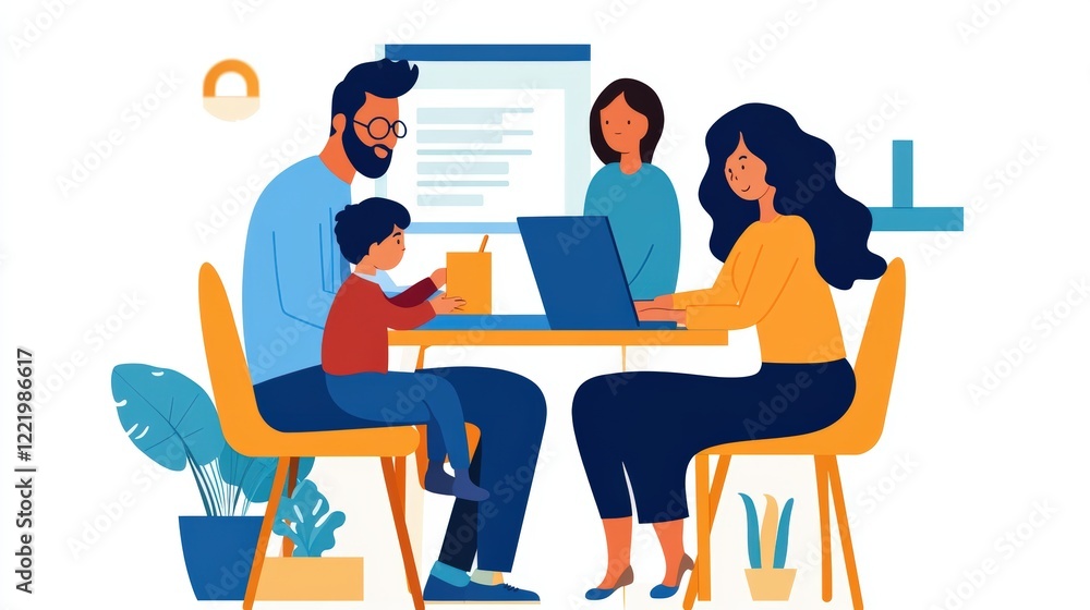 Adviser using a laptop to illustrate tax-saving strategies to a young family at home Adviser using a laptop to illustrate tax-saving strategies to a young family at home