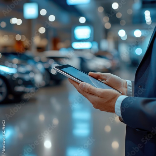 Car Salesperson Analyzing Sales Data on Tablet in the Dealership
