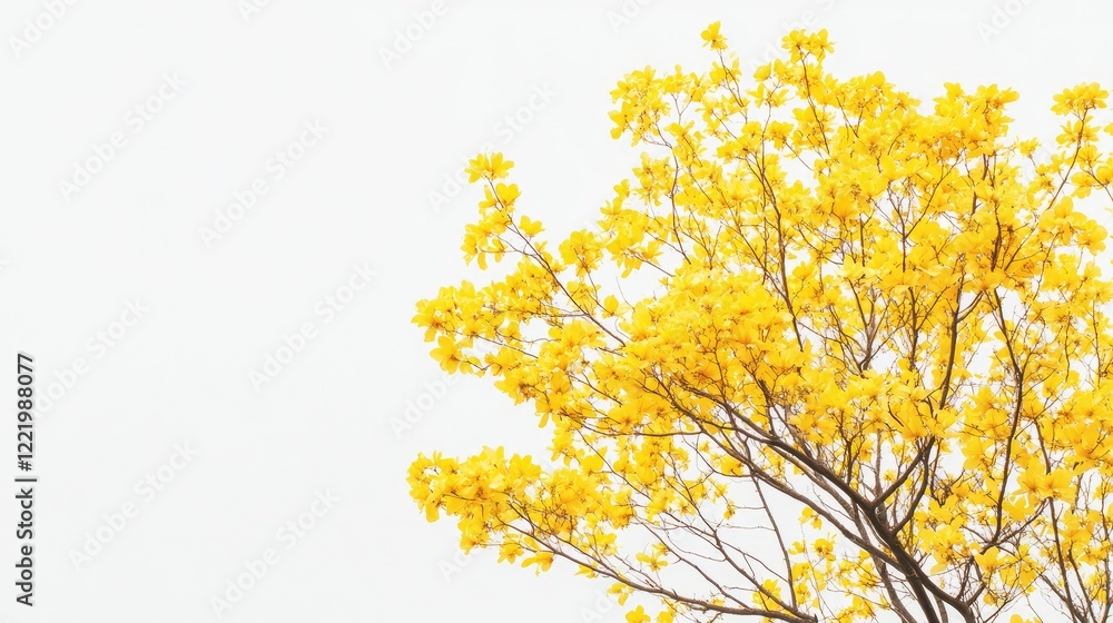 Vibrant Yellow Blossoms Against a Soft White Sky, Showcasing the Beauty of Nature's Spring Awakening and the Cheerfulness of Blooming Flowers in Full Glory