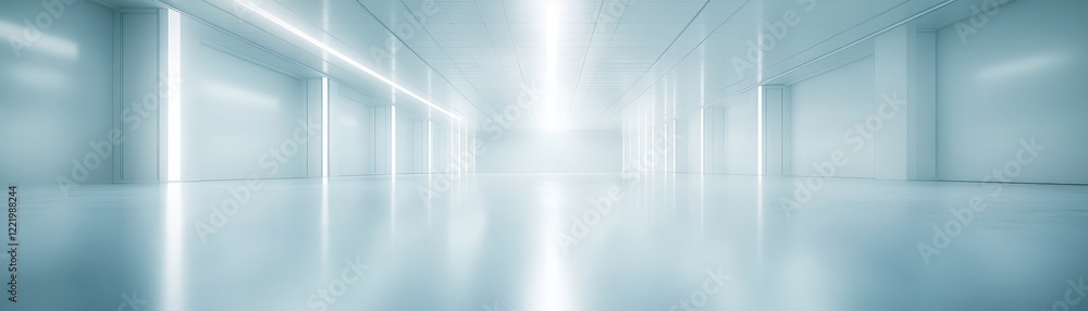 Fototapeta premium Infinite corridor, a long white hallway with light walls and reflective floor creating an illusion of depth