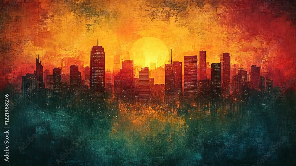 Urban Skyline Canvas: A Dramatic Cityscape Silhouette Against a Fiery Sunset with Textured Brushstrokes Urban Skyline Canvas: A Dramatic Cityscape Silhouette Against a Fiery Sunset with Textured Brushstrokes