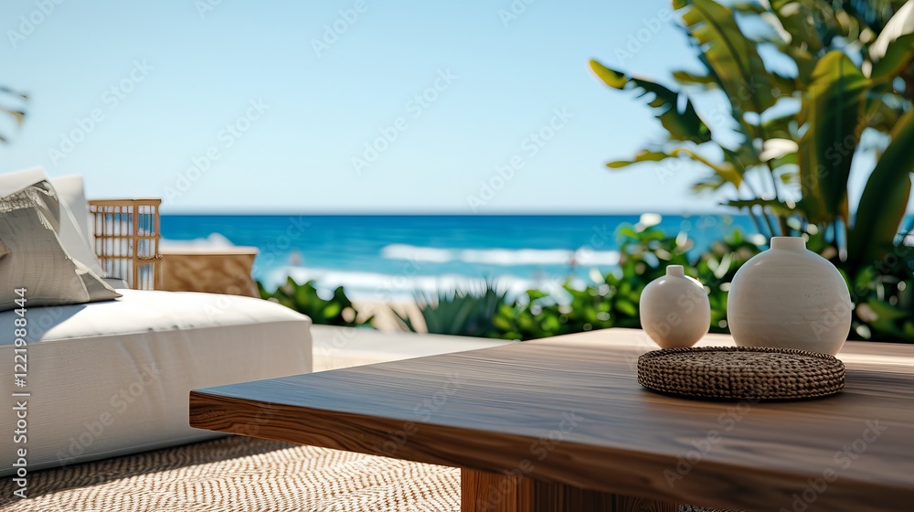 Obraz premium A serene outdoor lounge area featuring a white sofa and wooden coffee table, with decorative vases, overlooking a tranquil beach scene.