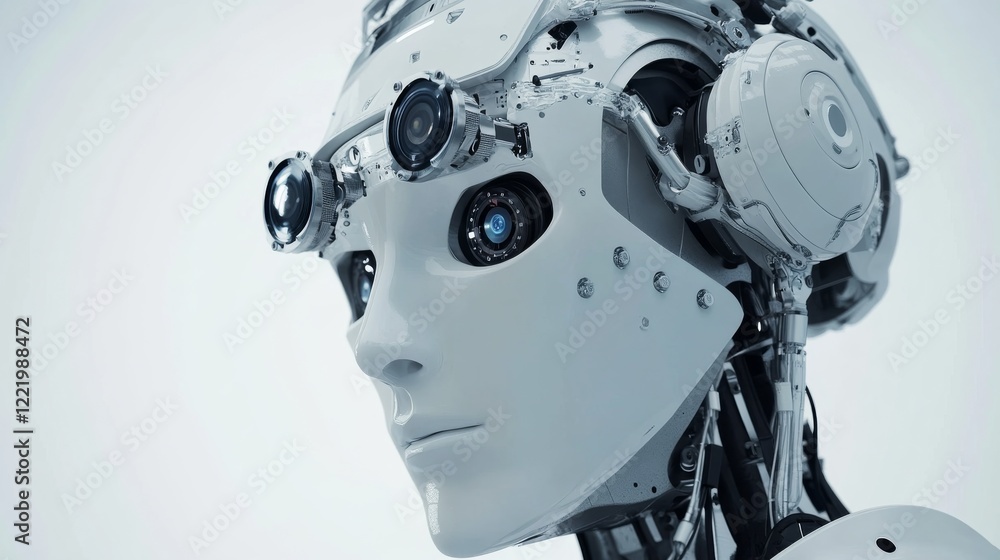 A close-up of a humanoid robot’s sensory array on its head, featuring multiple sensors and cameras, sleek and modern setting A close-up of a humanoid robot’s sensory array on its head, featuring multiple sensors and cameras, sleek and modern setting