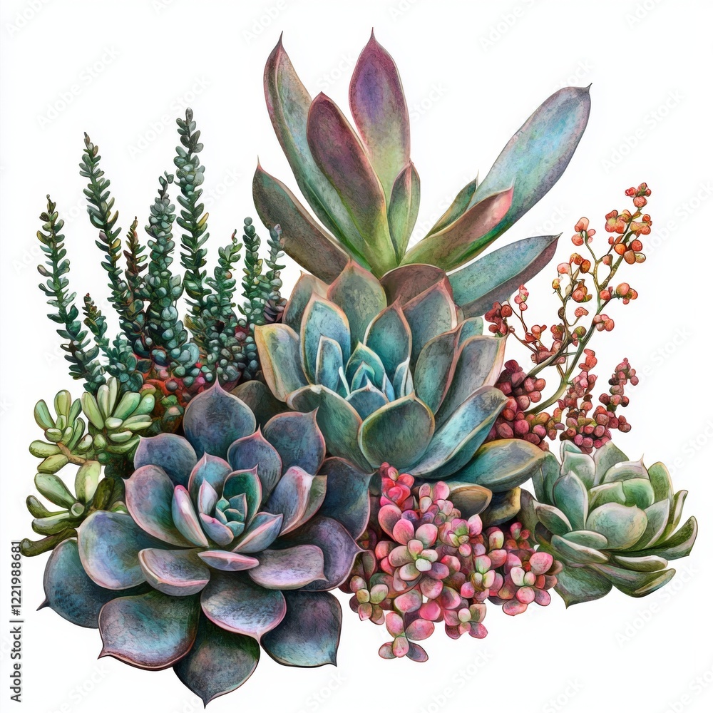 Fototapeta premium Vibrant Arrangement of Various Succulent Plants with Unique Textures and Colors on White Background
