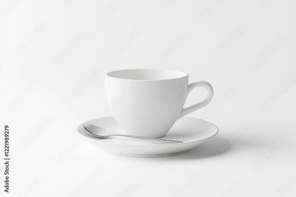 Simple White Coffee Cup Saucer Spoon on a white background Simple White Coffee Cup Saucer Spoon on a white background