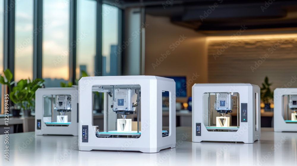 3D Printing Filament Plastic concept. Modern office space featuring multiple 3D printers on a table, showcasing innovation and technology against a backdrop of large windows. 3D Printing Filament Plastic concept. Modern office space featuring multiple 3D printers on a table, showcasing innovation and technology against a backdrop of large windows.