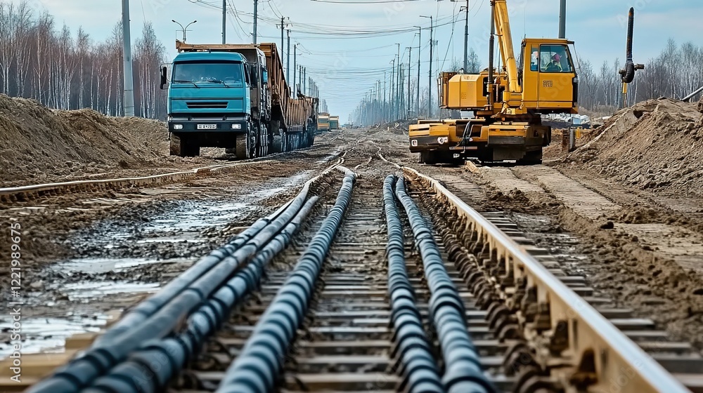 A photo of the construction site with an electric cable plant, which is laying industrial cables along train tracks. A photo of the construction site with an electric cable plant, which is laying industrial cables along train tracks.
