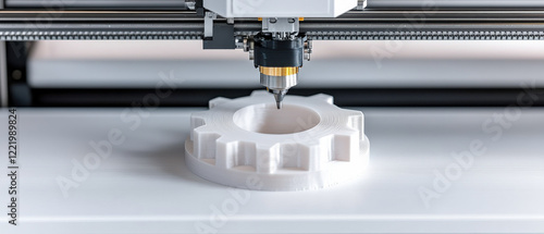 3D Printing Filament Plastic concept. A 3D printer is creating a white gear-shaped object on a smooth surface, showcasing advanced manufacturing technology.