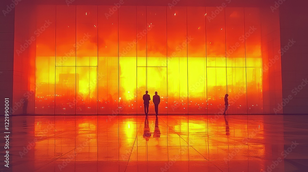 Silhouettes Observing an Orange Cityscape Through a Giant Window Silhouettes Observing an Orange Cityscape Through a Giant Window