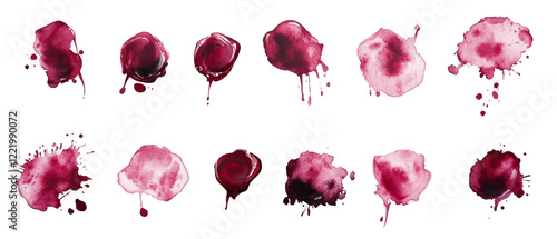 A collection of twelve watercolor red wine splashes and stains on a black background, showing various shapes and sizes. photo