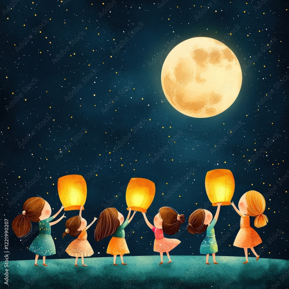 Naklejka premium Children holding glowing lanterns under a tranquil night of harmony