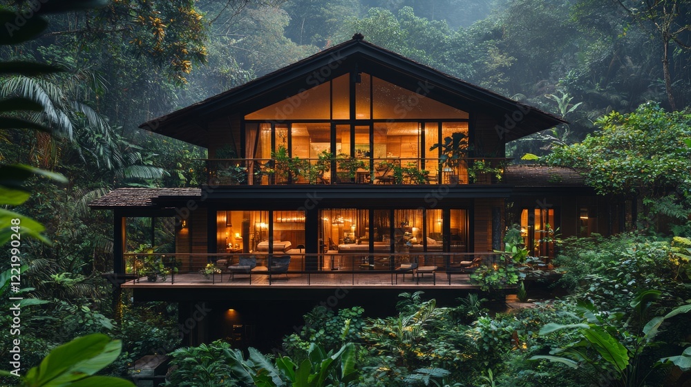 Luxurious two-story cabin nestled in a dense tropical rainforest with warm inviting interior lights glowing through large windows Luxurious two-story cabin nestled in a dense tropical rainforest with warm inviting interior lights glowing through large windows