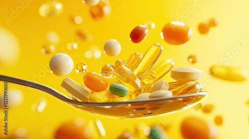 Colorful assortment of dietary supplements and vitamins captured in a dynamic motion on a bright yellow background, showcasing health and wellness concepts vividly in a creative composition