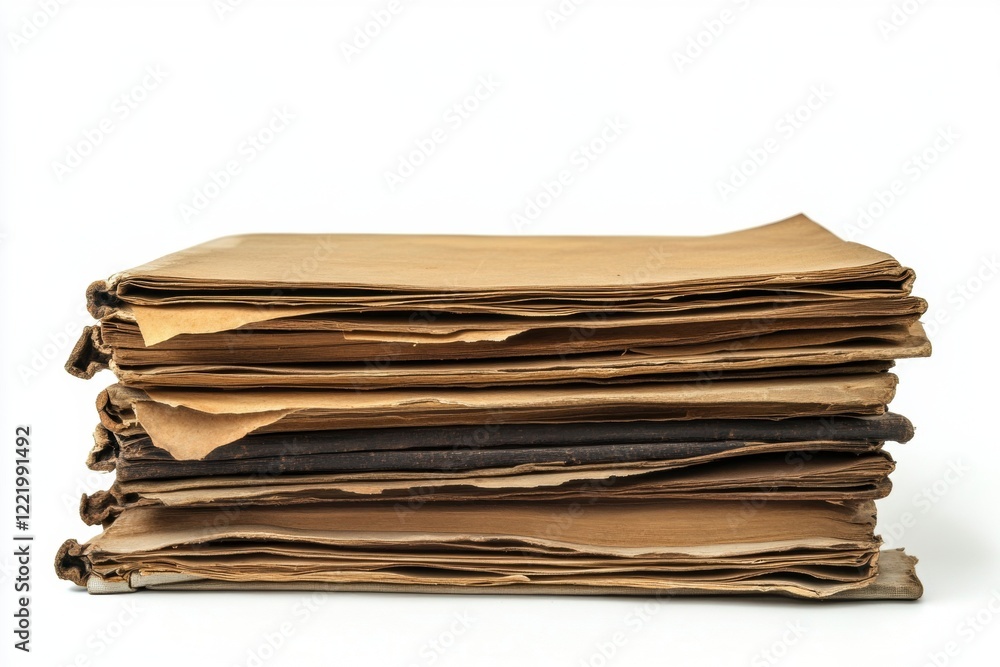 A stack of aged, brown paper documents and files sits on a white background A stack of aged, brown paper documents and files sits on a white background